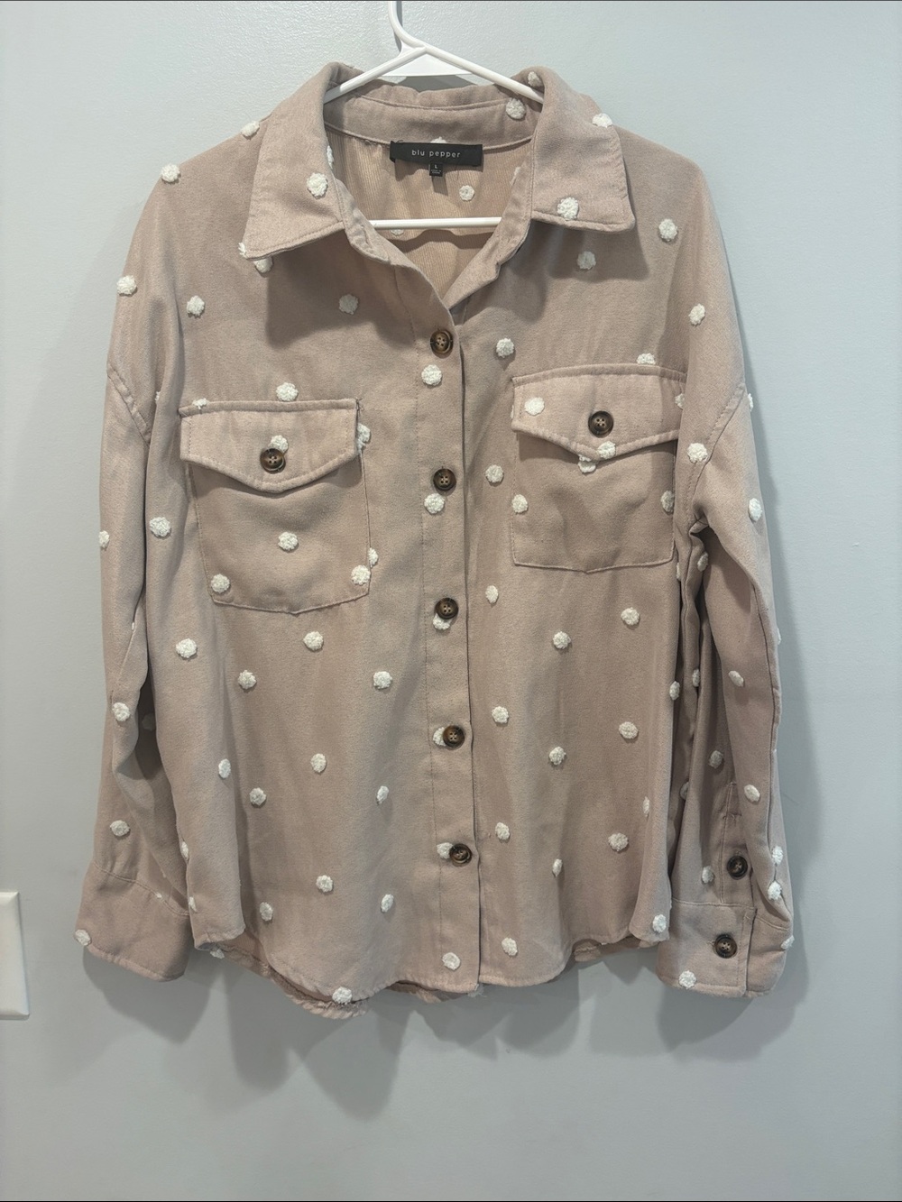 Blu Pepper Taupe Button-Down Shirt with White Pom Dot Detail ptp 21 length 25